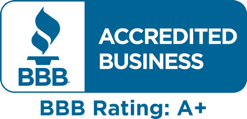 Blue and white badge displaying the BBB torch logo, the words "Accredited Business," and "BBB Rating: A+," indicating a high rating from the Better Business Bureau.